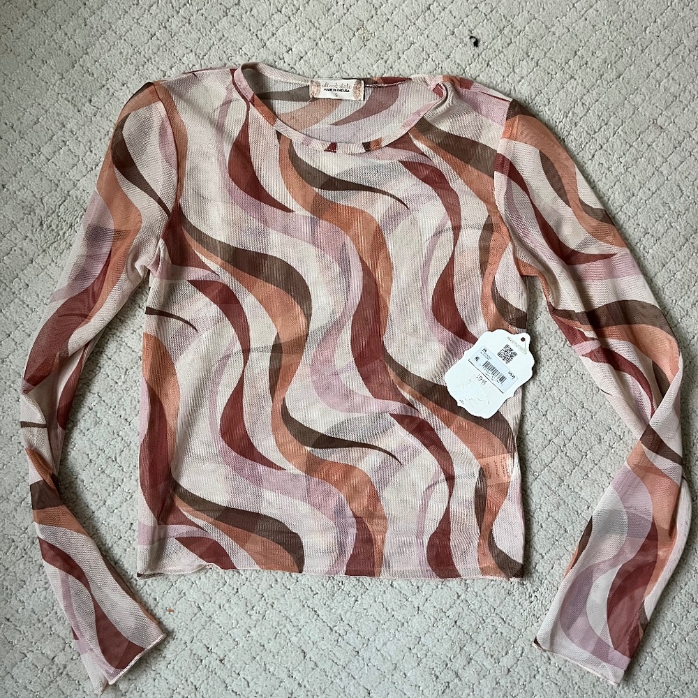 Y2K Sheer Mesh Long Sleeve Top Swirl Print Retro 90s 2000s Fitted Layering Top